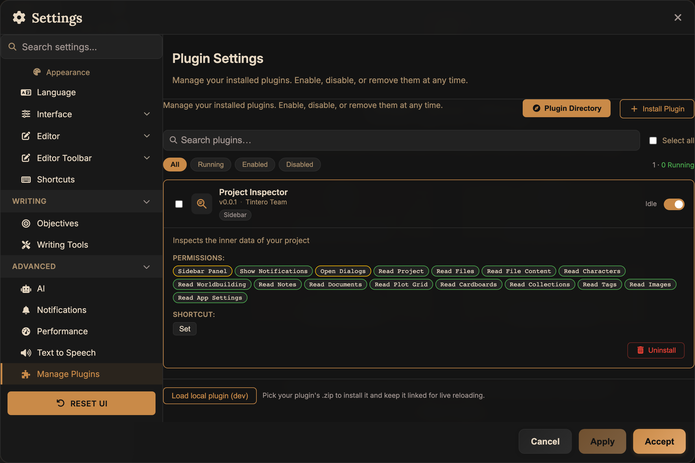 Tintero's plugin manager with one installed plugin expanded, showing its permissions and controls